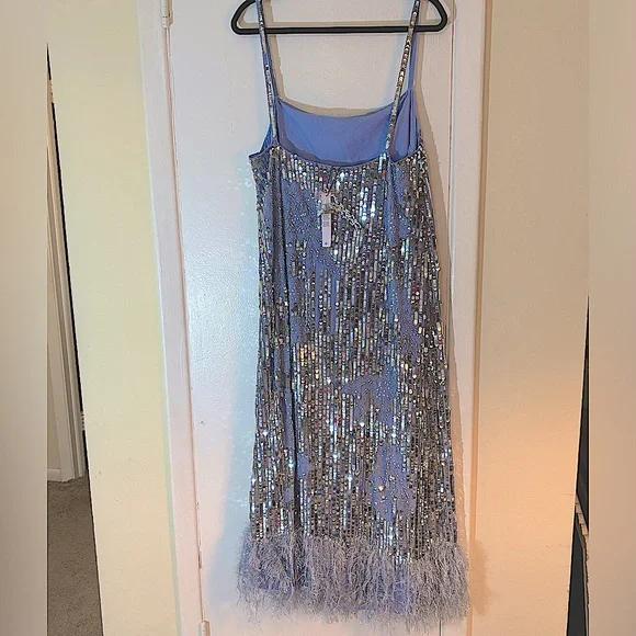 NWT ASOS Lavender, Silver Sequin Floral Midi w/ Faux Feather Hem Size 12 - Picture 8 of 16